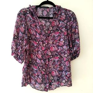 Floral Button Up Blouse with Shirred Sleeves
